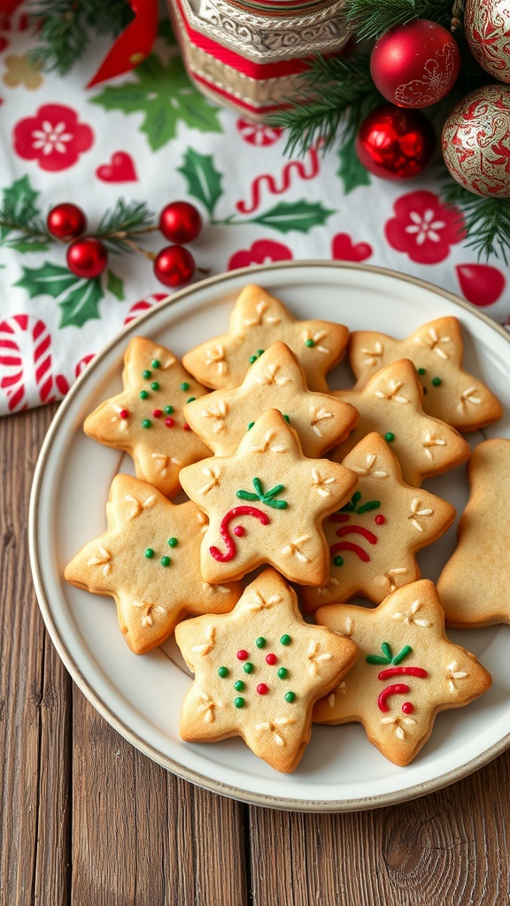 A plate of decorative cookie press cookies with colorful sprinkles on a rustic wooden table.
